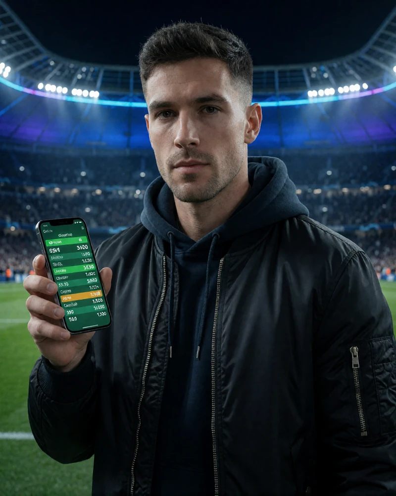 Sportwetter mit Smartphone und Live-Quoten im neonbeleuchteten Stadion bei Jack Casino Sportwetten