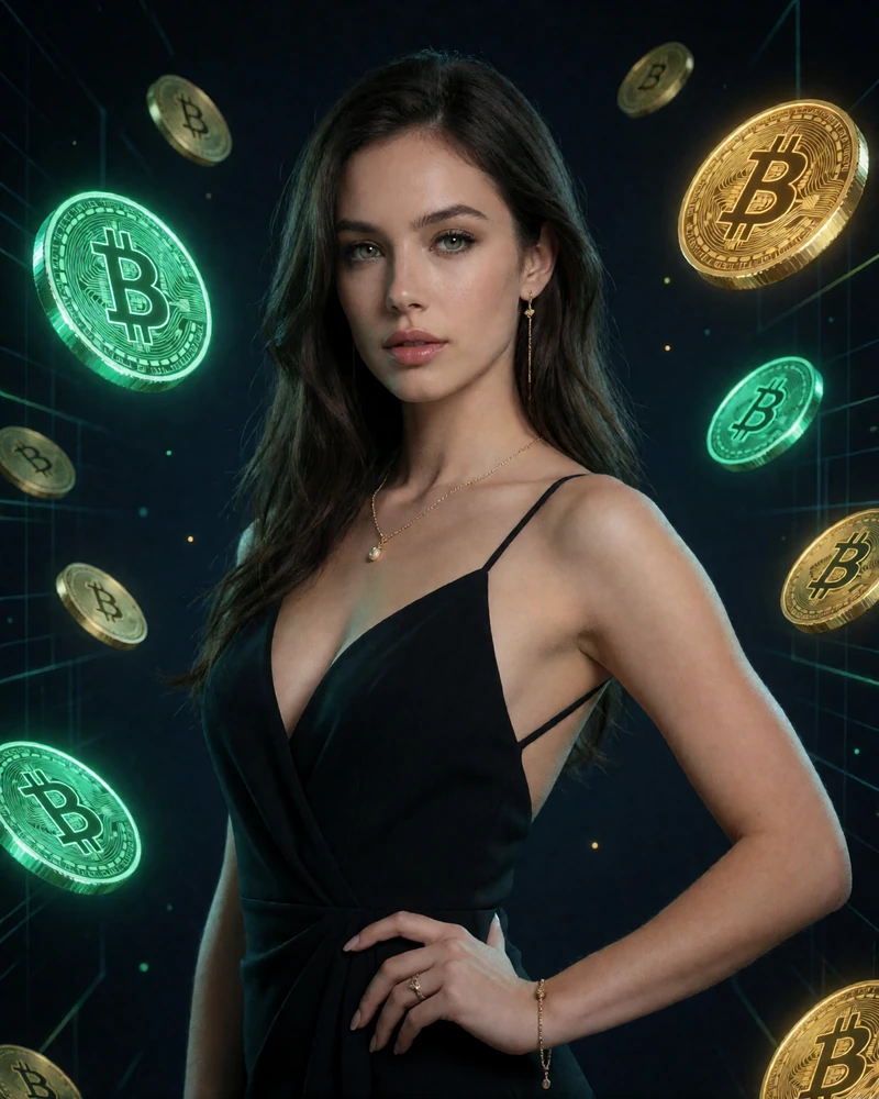 Elegantes Model im schwarzen Abendkleid umgeben von leuchtenden Krypto-M&uuml;nzen im Bitcoin Casino Jack Casino